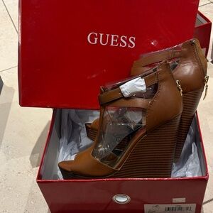 GUESS Brown Leather Clear-Panel Wedge Sandals